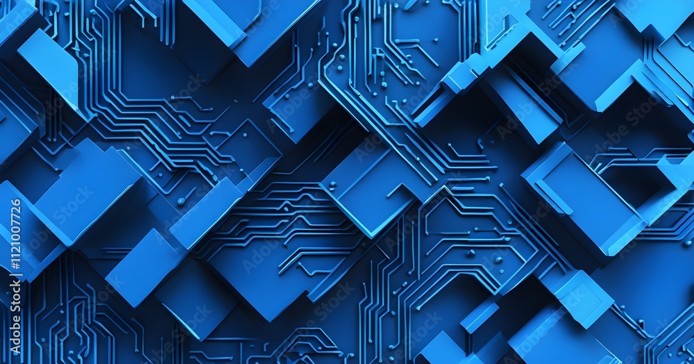 Wall mural interlocking geometric shapes that morph into circuits