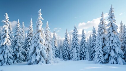 Enchanted Winter Wonderland, Snow-Covered Pine Forest Under a Brilliant Blue Sky