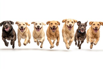 High-quality, energetic collection of happy Labrador retrievers isolated on a white backdrop. Generative Ai