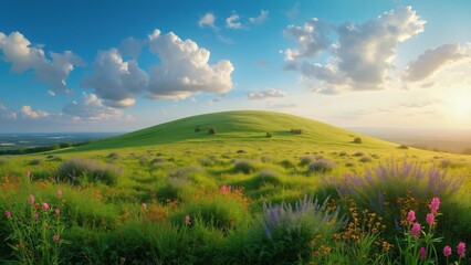 Obraz premium Panoramic Russian Countryside Hill, Lush Green Grass, Blue Sky, 