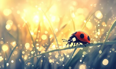 A ladybug on a blade of grass, illuminated by soft, glowing light.