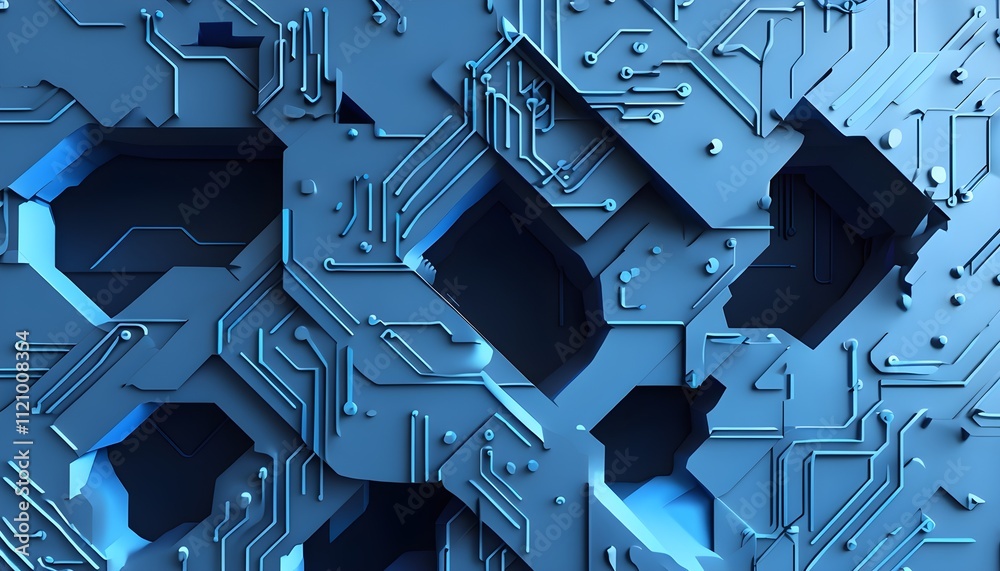 Wall mural interlocking geometric shapes that morph into circuits