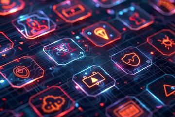 A futuristic representation of cybersecurity, showcasing advanced technology and digital protection measures. Icons representing different types of cybersecurity threats .