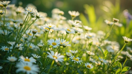Lush Garden of White Daisies with Long Stems, A Field of Delicate Blooms in Soft Sunlight, Capturing Natural Beauty