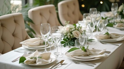 Fototapeta premium Elegant White Wedding Table Setting with Green Leaves and Beige Chairs, Romantic Place Setting for a Special Day