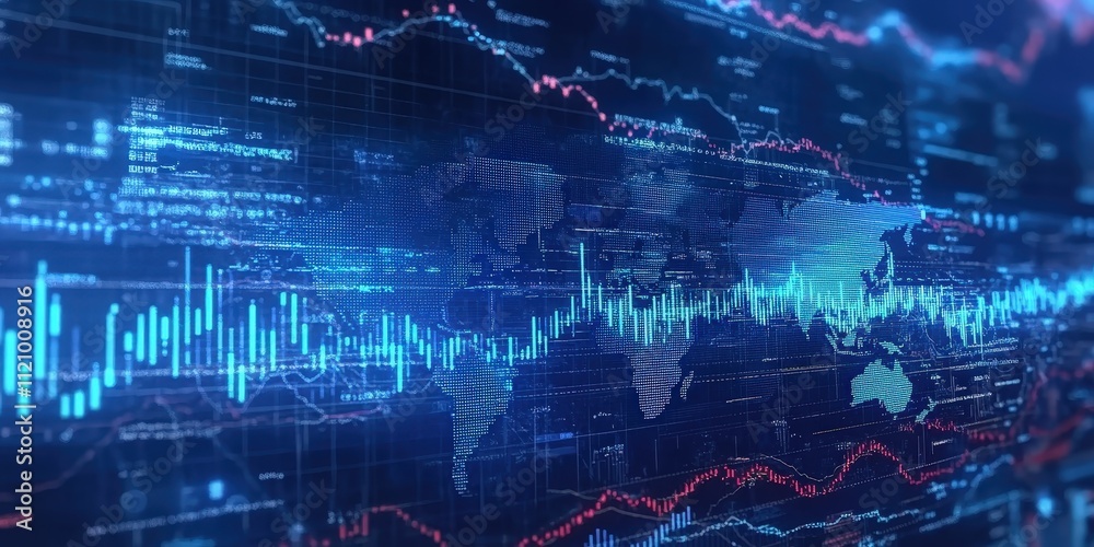 Poster abstract digital background with market charts and data visualizations featuring global map and stoc
