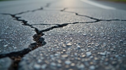 Obraz premium Close-up Cracked Asphalt Road Texture, Detailed Image of Broken Concrete Pavement, Ideal Background for Design Projects or Text Overlay