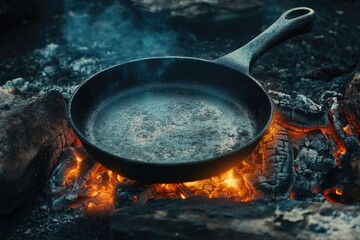 An iron skillet sitting directly on glowing coals, with the intense heat causing the pan to emit a faint glow