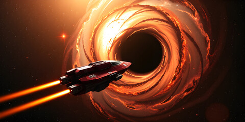 A red spaceship is flying through a black hole