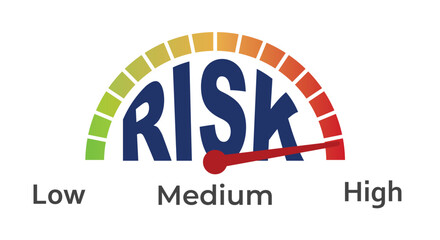 High Risk indicator with Low Medium High Risk level for risk scale color indicator in risk management indicator scale. Risks management skill for managing risk with indicator for low and high risks