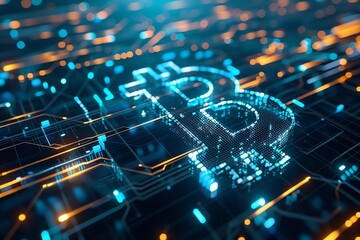 Fototapeta premium Glowing Bitcoin symbol on circuit board.