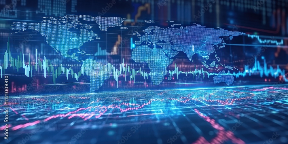 Poster abstract digital background featuring stock market charts with global map visualization and data ana