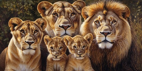 Lion family portrait majestic male, two lionesses, and two cubs.