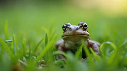 Obraz premium Close-up of a Small Frog Peeking from Grass, Ready to Pounce in a Vibrant Garden Setting - Macro Photography