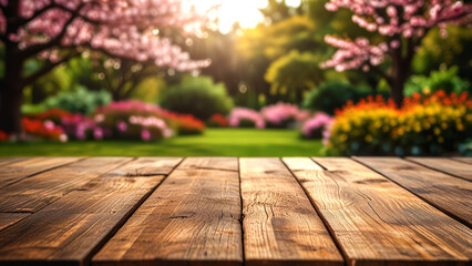 Empty wooden table in Sakura flower Park with garden bokeh background with city park theme, Template mock up for display of product