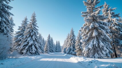 Naklejka premium Serene Winter Wonderland, Snow Covered Pine Trees and Empty Road