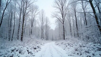 Obraz premium Serene Winter Wonderland, Snow-Covered Path Through Bare Trees in a Snowy Forest