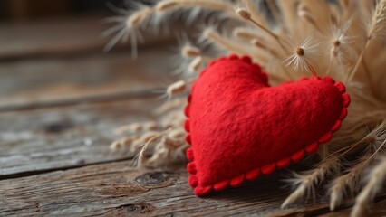 Romantic Valentine's Day Felt Heart on Rustic Wooden Table with Fluffy Grasses