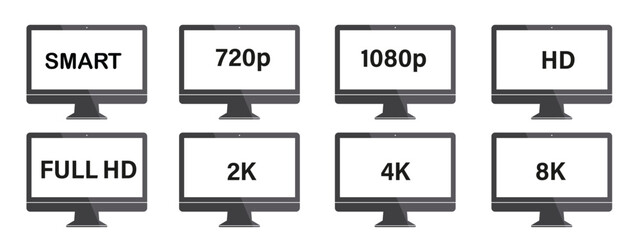 video resolution 480p, 720p,1080p, 2k, 4k and 8k ultra hd tag vector icons