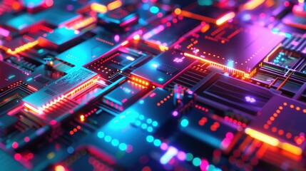 Obraz premium A vibrant close-up of a circuit board with glowing components.