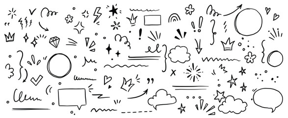 Sketch underline, emphasis, arrow shape set. Hand drawn brush stroke, highlight, speech bubble, underline, sparkle element. Vector illustration