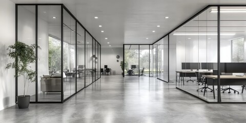 Fototapeta premium Modern Office Interior Featuring Glass Walls, Bright White Ceiling, and Spacious Layout Ideal for Collaborative Work Environments and Minimalist Design