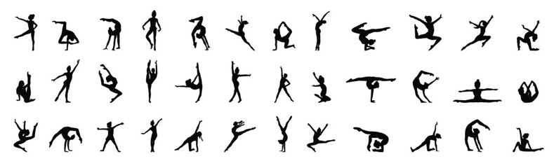 Vector isolated girl gymnast black silhouette set