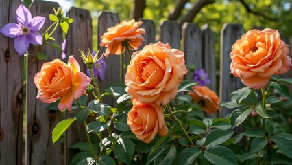 Stunning Orange Roses with Purple Clematis Blooming in Spring Garden near Wooden Fence