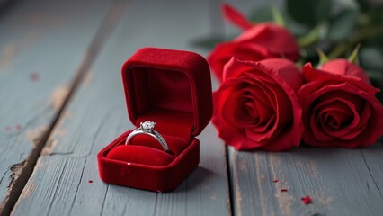 Romantic Valentine's Day Engagement, Diamond Ring in Red Velvet Box with Roses on Wooden Table