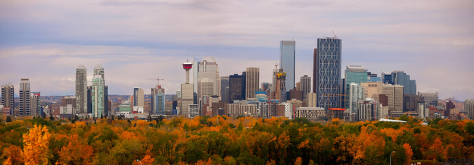 Panoramic view of Calgary skyline in autumn time in Alberta, Canada.