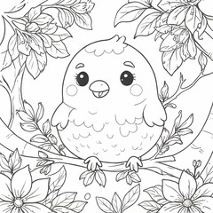 Fototapeta premium Cute bird character sitting on a branch surrounded by flowers in a playful coloring artwork
