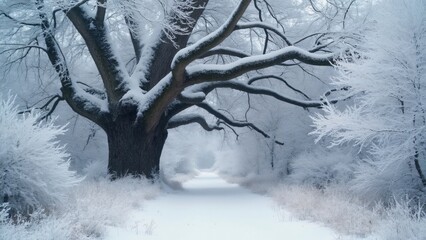 Serene Winter Wonderland, Snow-Covered Path to Majestic Frosty Oak Tree in Snowy Forest