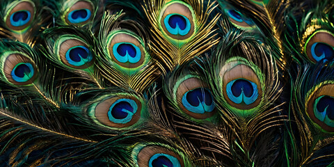 Obraz premium A bold and colorful peacock feather pattern in shades of blue, green, and gold on a plain background, showcasing elegance and vibrancy.