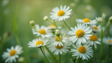 Fototapeta premium Close-Up of Chamomile Flowers in Garden, Vibrant White and Yellow Daisies, Spring Concept Stock Photo