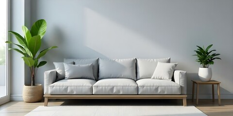 A modern living room with a wooden bench , gray sofa , and potted plant on a side table against a gray wall