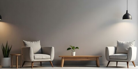 A modern living room with a wooden bench , gray sofa , and potted plant on a side table against a gray wall