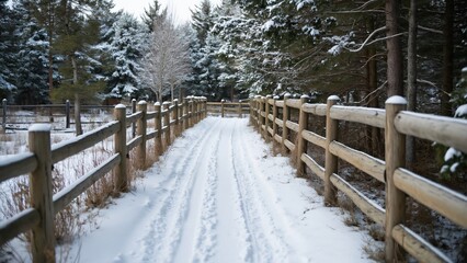 Snowy Horse Trail Path, Winter Wonderland Scene with Wooden Fence and Pine Trees
