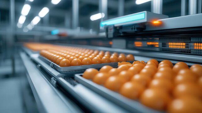 Hightech chicken factory with robotic feed dispensers and tracking sensors, robotic feed tech, innovative, precise