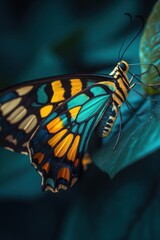A vibrant butterfly perched on a leaf, showcasing its colorful wings.