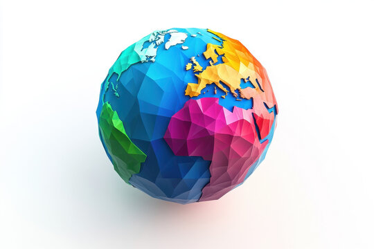 Vibrant polygonal globe depicting colorful continents on a white background, showcasing a modern artistic representation of Earth's geography.