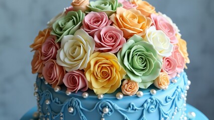 Stunning Pastel Rose Wedding Cake, Blue Fondant, Pearl Accents, & Colorful Sugar Rose Bouquet