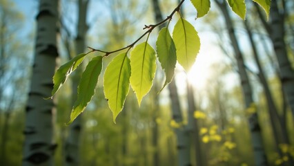Obraz premium Serene Springtime Birch Leaves, Close-up Photography of Sunlight Filtering Through Fresh Foliage in a Blurred Forest Background