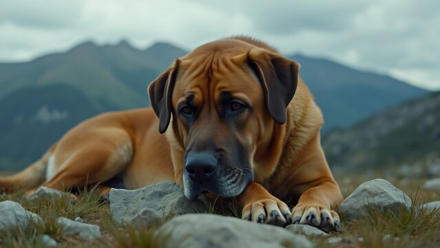 Sad Dog Lying on Grass in Mountains, Cinematic Wide Shot of a Large Brown Dog with a Melancholy Expression, Hyperrealistic ARRI Alexa Mini LF Style Image