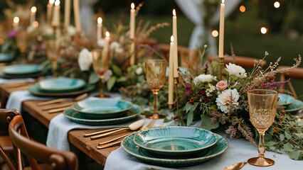 Bohemian Wedding Table Setting, Teal & Gold Plates, Candles, Flowers, Wooden Chairs
