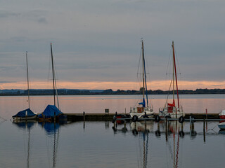Fototapeta premium Der Dümmer See bei Lembruch im Abendlicht, Naturpark Dümmer, Landkreis Diepholz, Niedersachsen, Deutschland