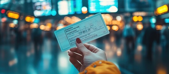 Woman's hand holding a travel ticket in a train station.