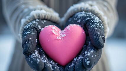 Snowy Winter Love, Gloved Hands Gently Holding a Pink Heart, Symbolizing Warmth and Affection in a Cold Winter Landscape