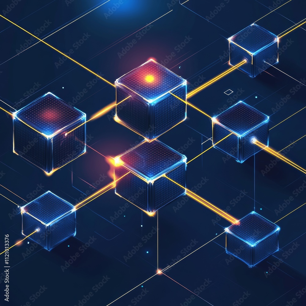 Poster colorful digital cubes connected by glowing lines create a captivating network in an abstract futuri
