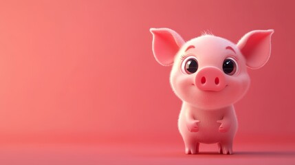 Adorable pink piglet baby with big eye on pink background