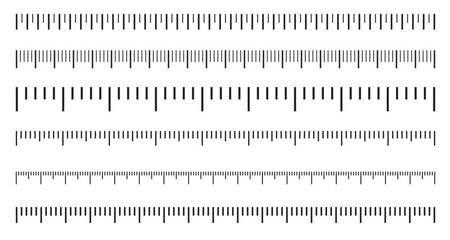 Measuring scale, markup for rulers in different scales. Inch black meter lines. Measure instrument. Vector illustration